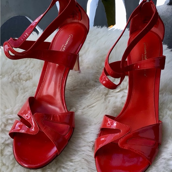 Gianvito Rossi Milano Patent Leather Red Orange Open Toe Ankle